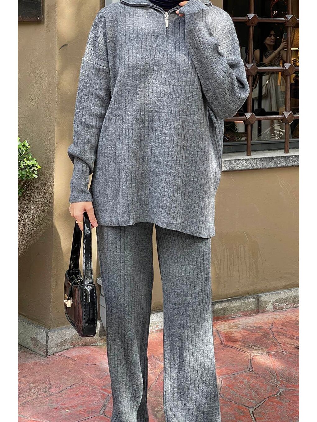 Gri Düz İkili Triko Tesettür Takım Füme-2