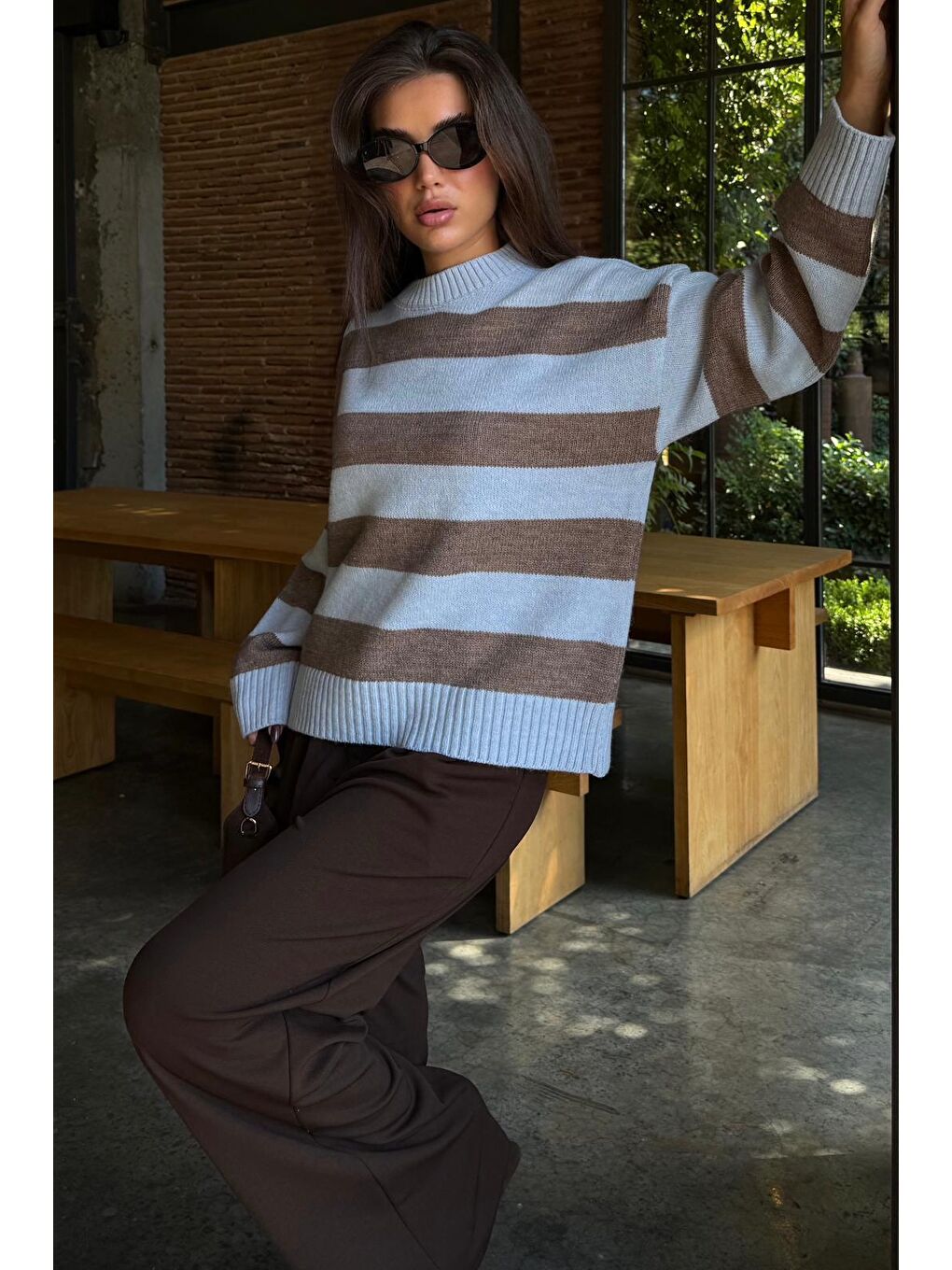 Kahverengi Camel Bisiklet Yaka Çizgili Oversize Triko Kazak Mg1972-1