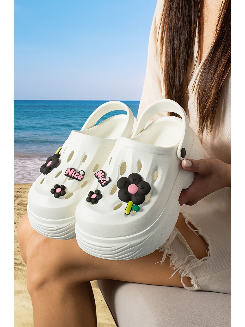 Beyaz NAYS Dolgu Taban Kadın Terlik Yüksek Platform Plaj Deniz Havuz Terliği-6