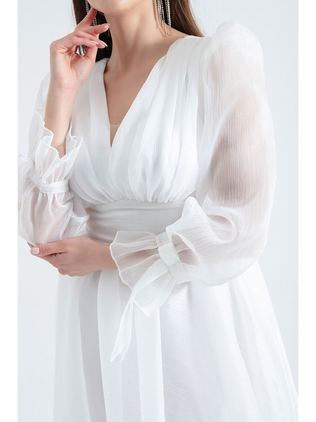 Kadın Beyaz Balon Kol V Yaka Midi Abiye Elbise-2