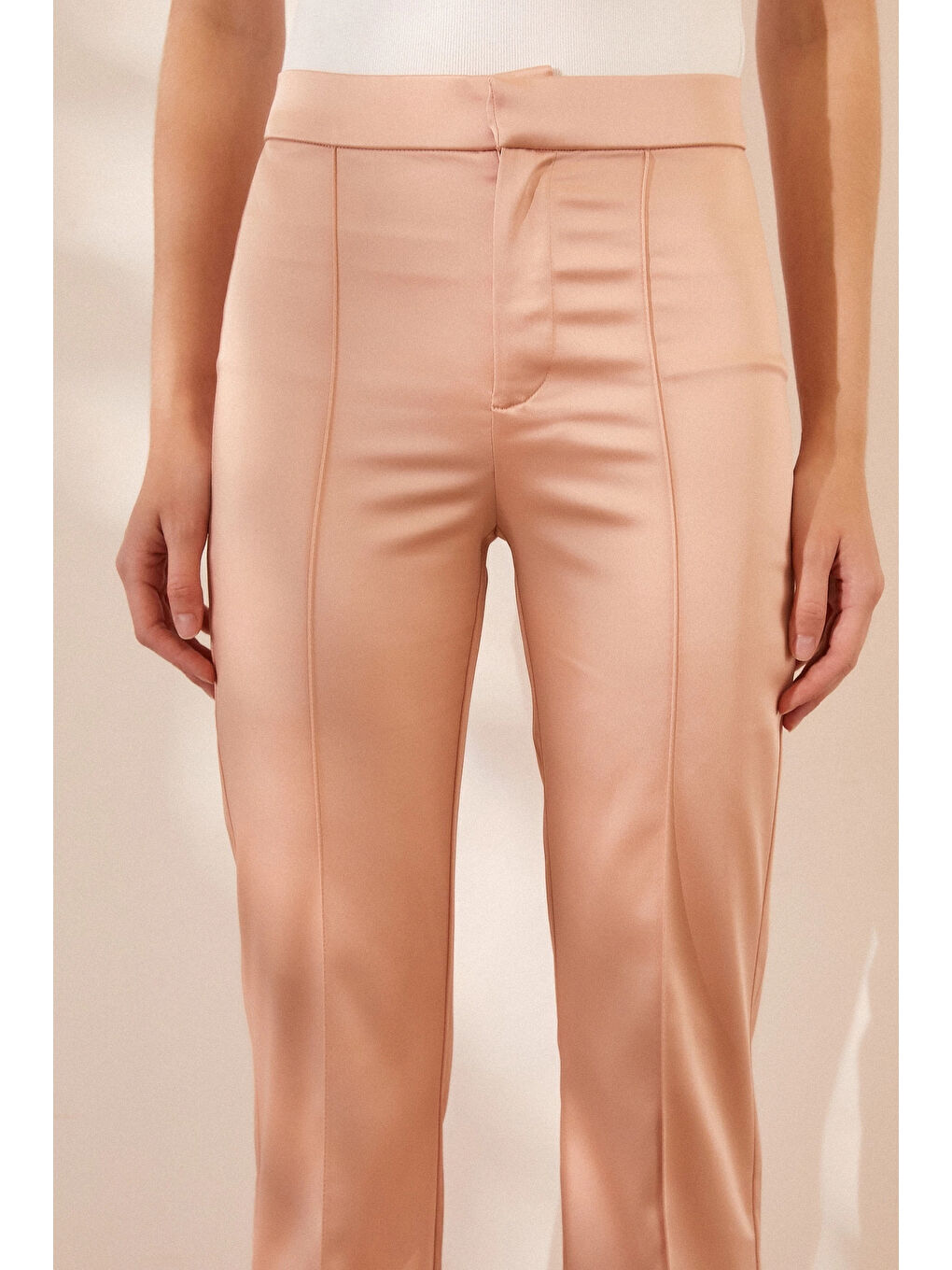 Pembe Asimetrik Yüksek Bel Pantolon Pudra-3