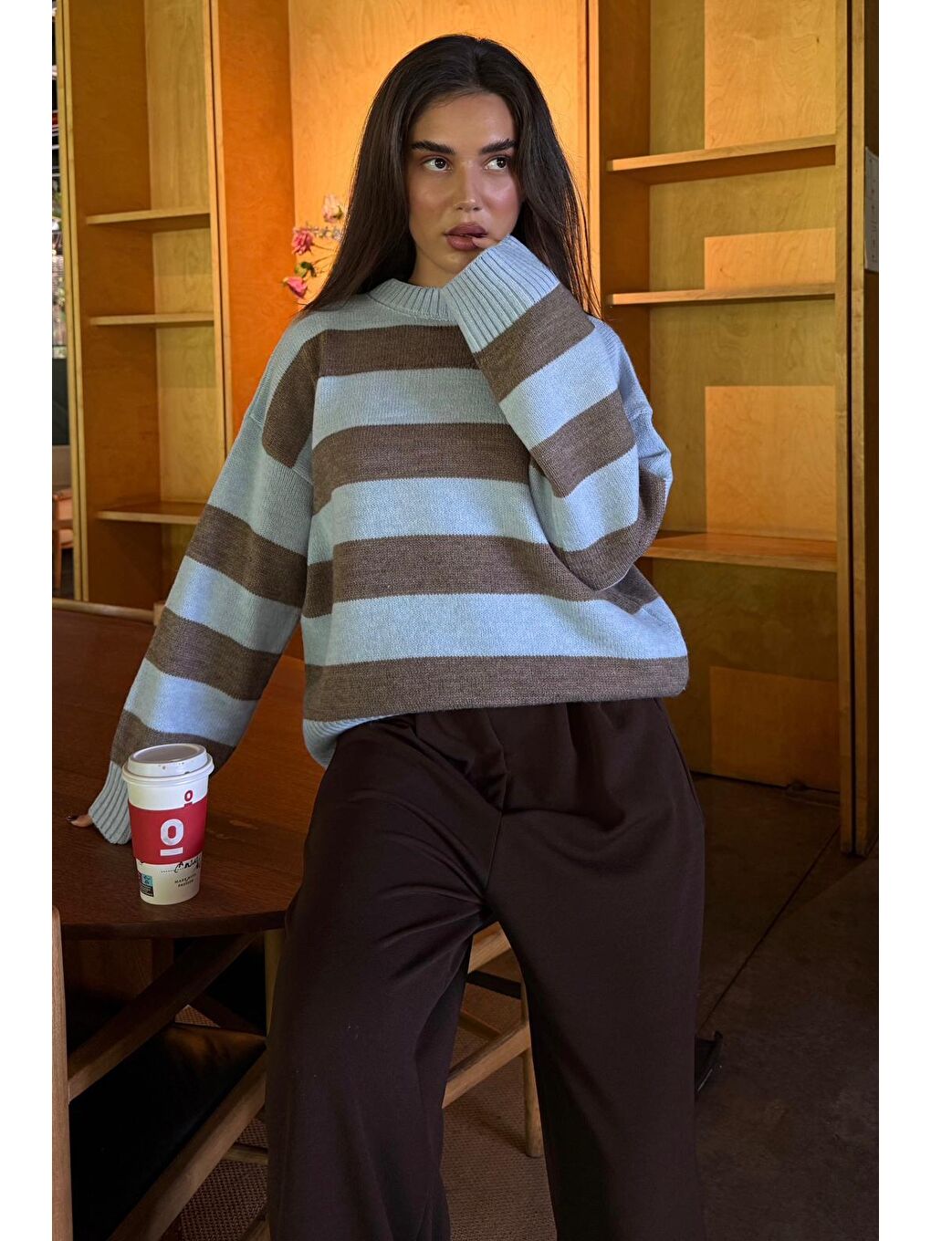 Kahverengi Camel Bisiklet Yaka Çizgili Oversize Triko Kazak Mg1972-3