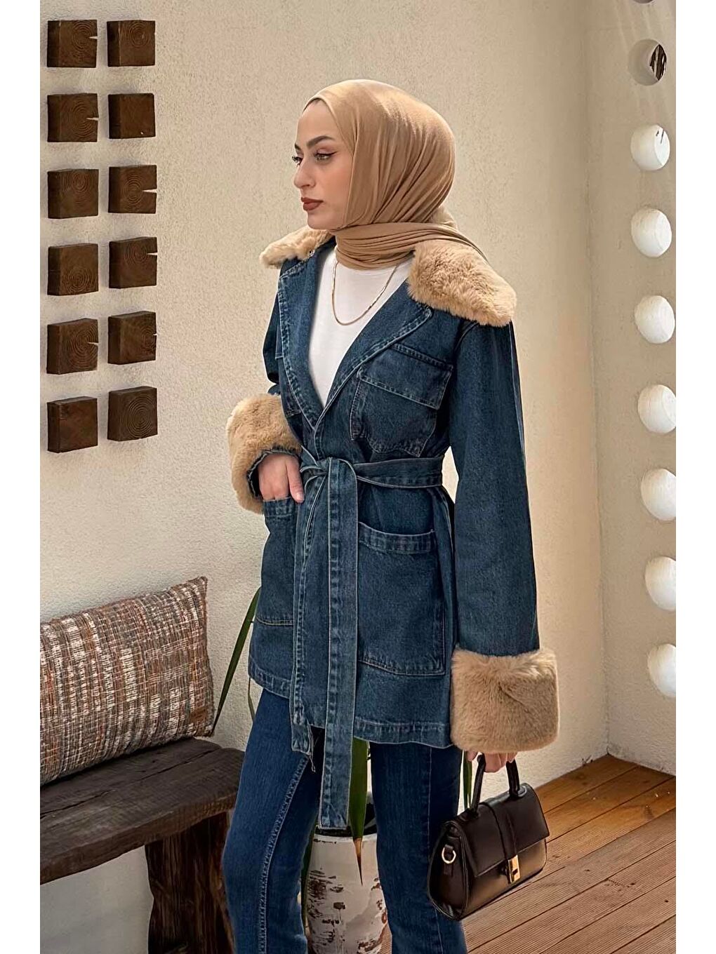 Kürklü Jean Ceket Jean Mavi-1