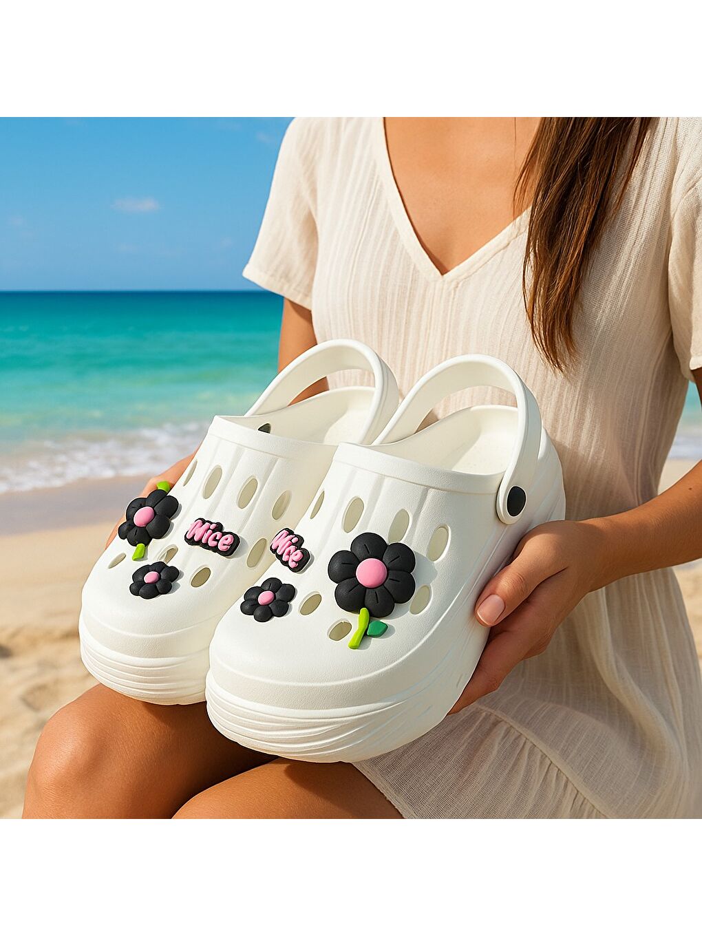 Beyaz NAYS Dolgu Taban Kadın Terlik Yüksek Platform Plaj Deniz Havuz Terliği-7