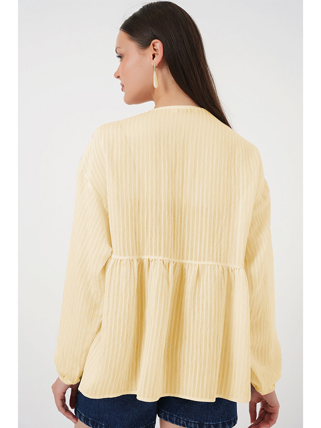 Kadın Önü Bağcıklı Uzun Kol Bluz 946 - Sarı-2