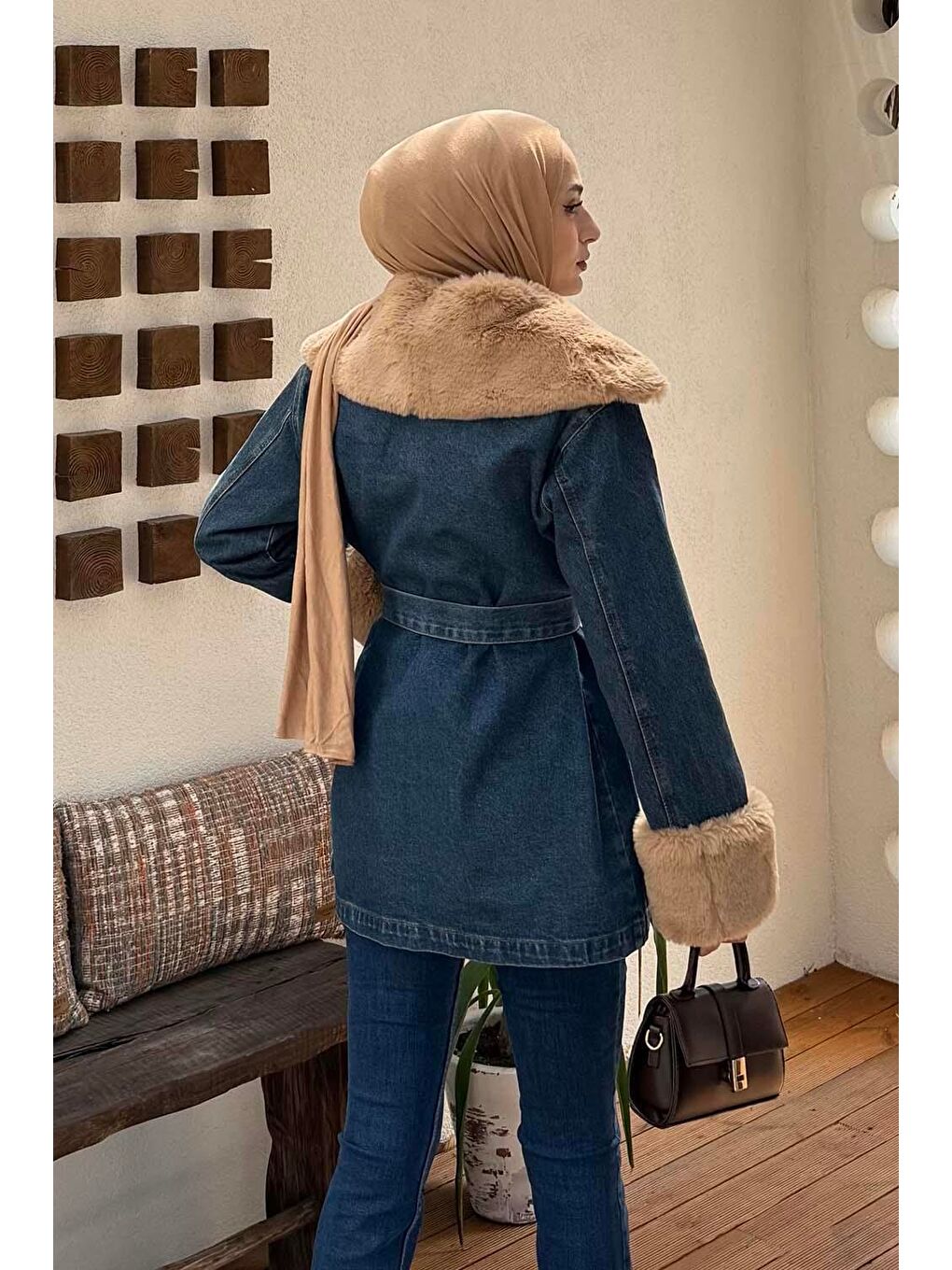 Kürklü Jean Ceket Jean Mavi-3