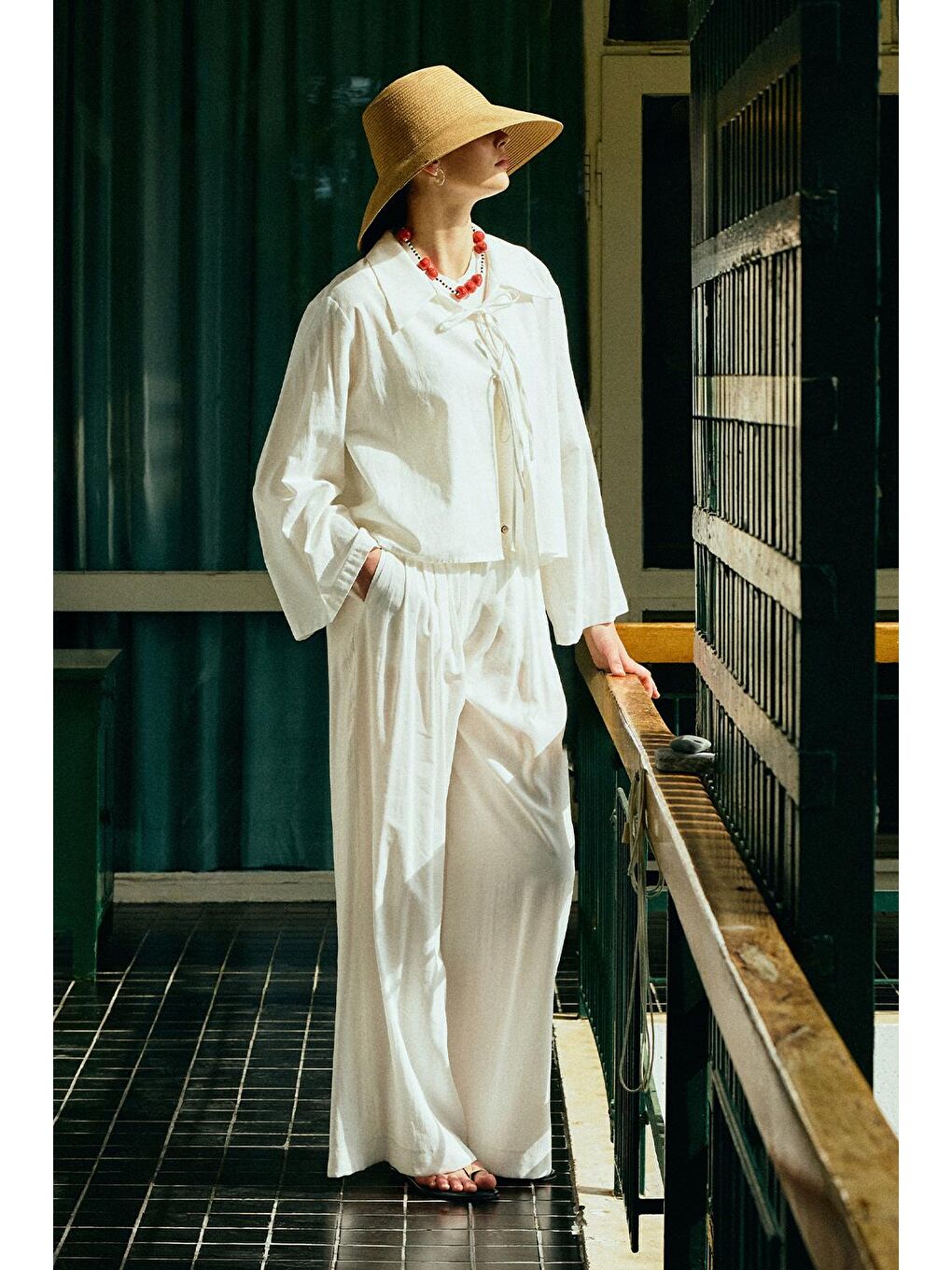 Modal Ekstra Bol Paça Pantolon Ekru