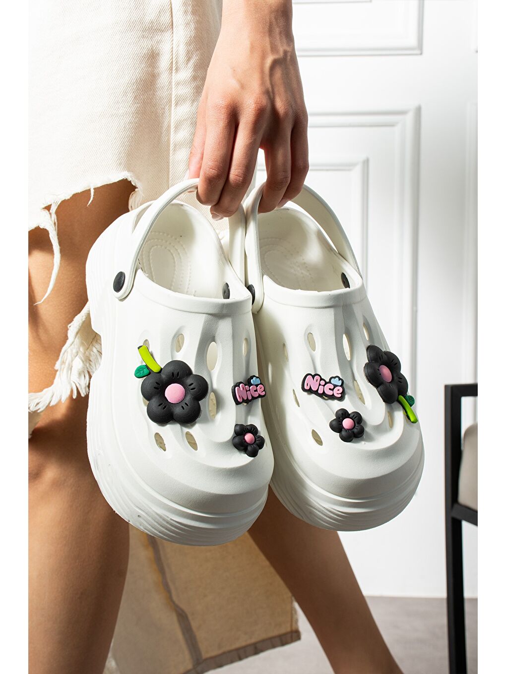 Beyaz NAYS Dolgu Taban Kadın Terlik Yüksek Platform Plaj Deniz Havuz Terliği-8