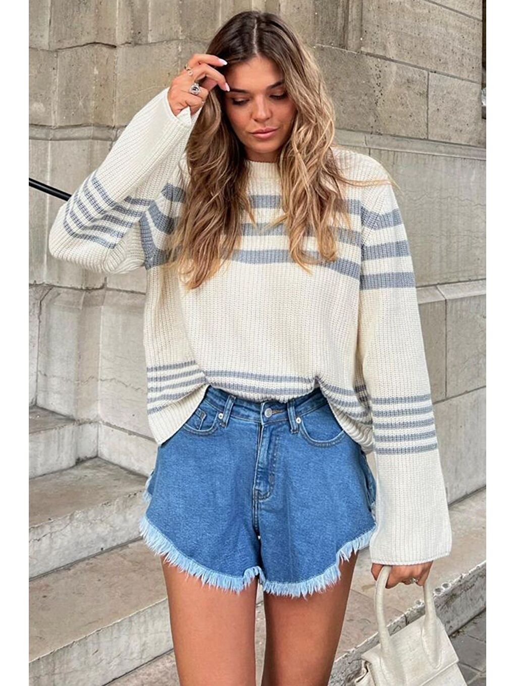 Beyaz Kemik Rengi Çizgili Triko Kazak Mg1585-9