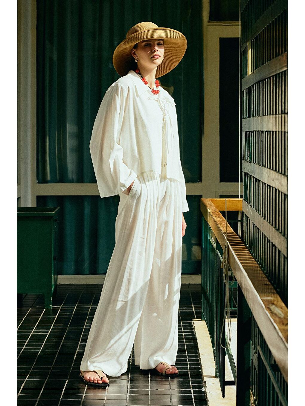 Modal Ekstra Bol Paça Pantolon Ekru-1