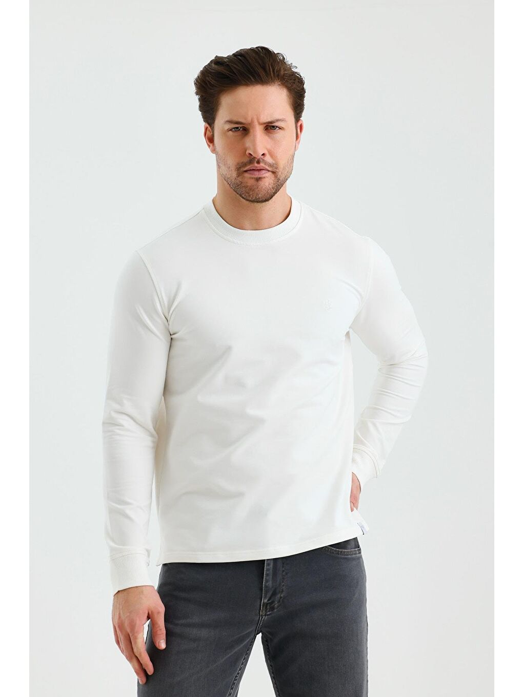 Kahverengi Uzun Kol Düz Örme Bisiklet Yaka Cepsiz Pamuklu Büyük Beden Sweatshirt 1013245152