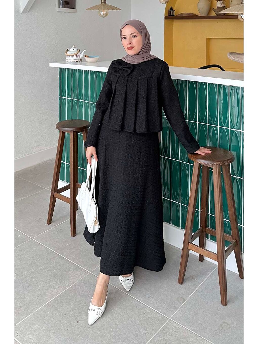 Pile Detaylı Tesettür Tüvit Takım Siyah