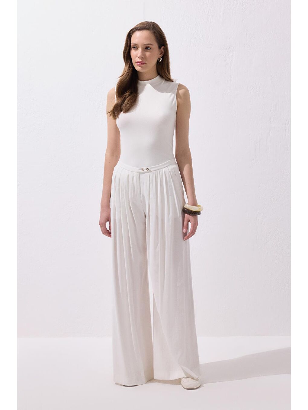 Modal Ekstra Bol Paça Pantolon Ekru-3