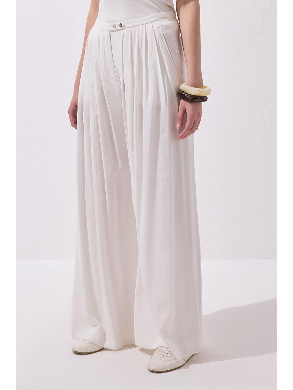 Modal Ekstra Bol Paça Pantolon Ekru-4