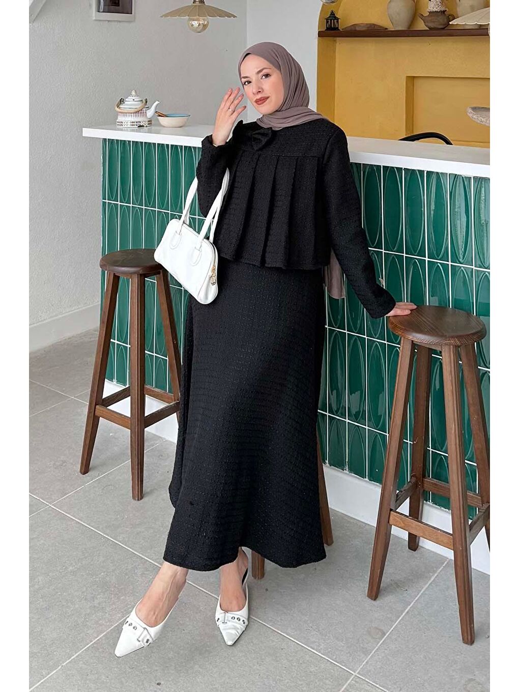 Pile Detaylı Tesettür Tüvit Takım Siyah-1