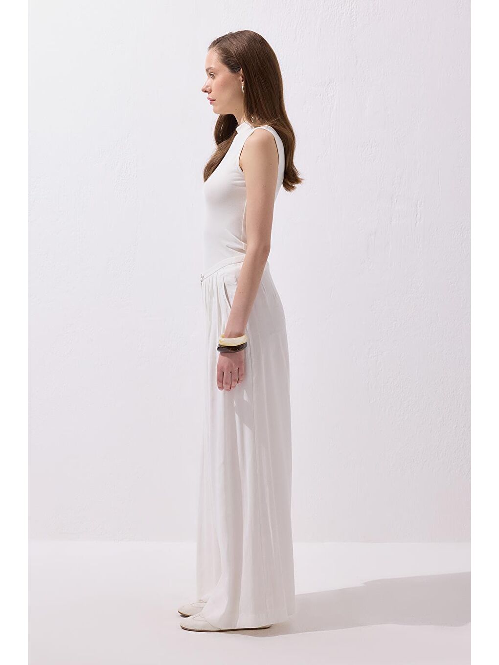 Modal Ekstra Bol Paça Pantolon Ekru-5