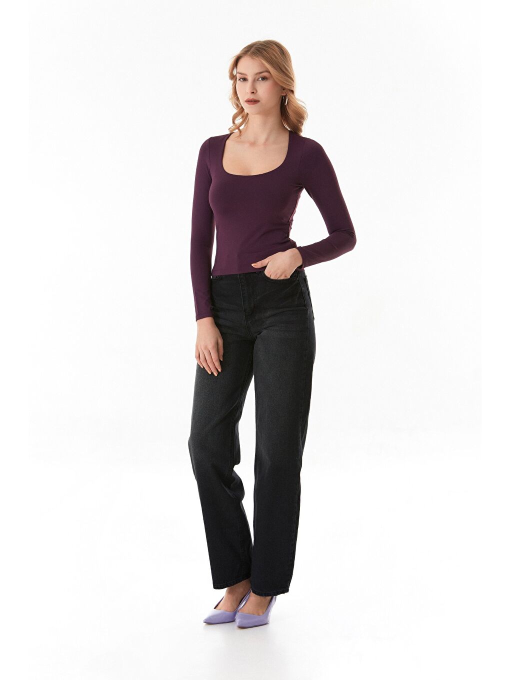 Mürdüm Basic Kare Yaka Bluz-1