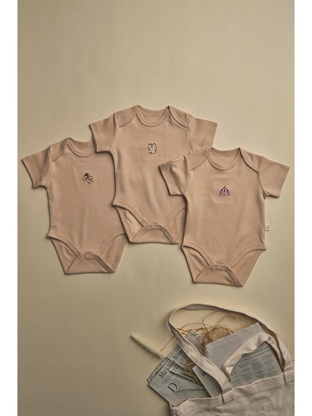 3'lü Bej Dreams Serisi Kısa Kollu Çıt Çıtlı Body Zıbın Model 9-5