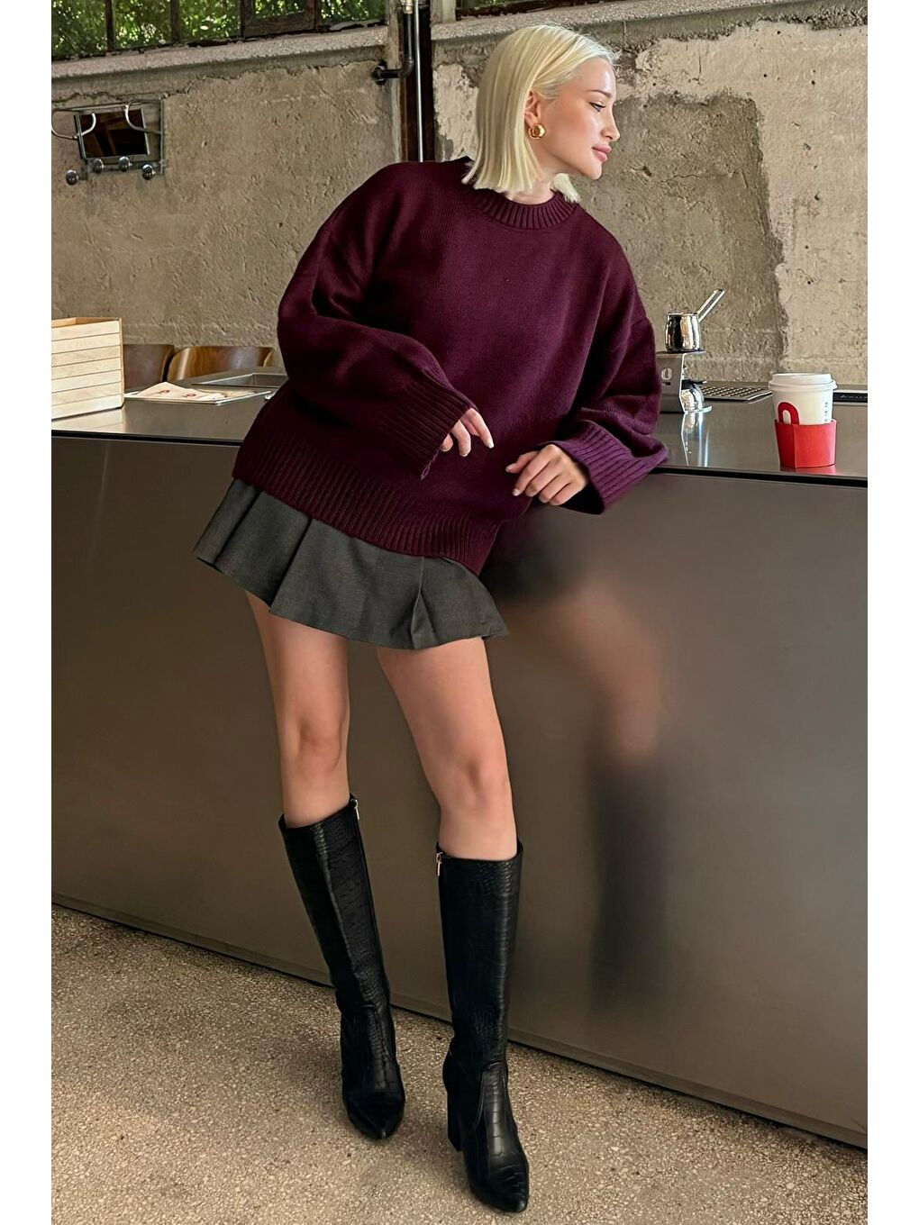 Mürdüm Bisiklet Yaka Oversize Triko Kazak Mg1972-1