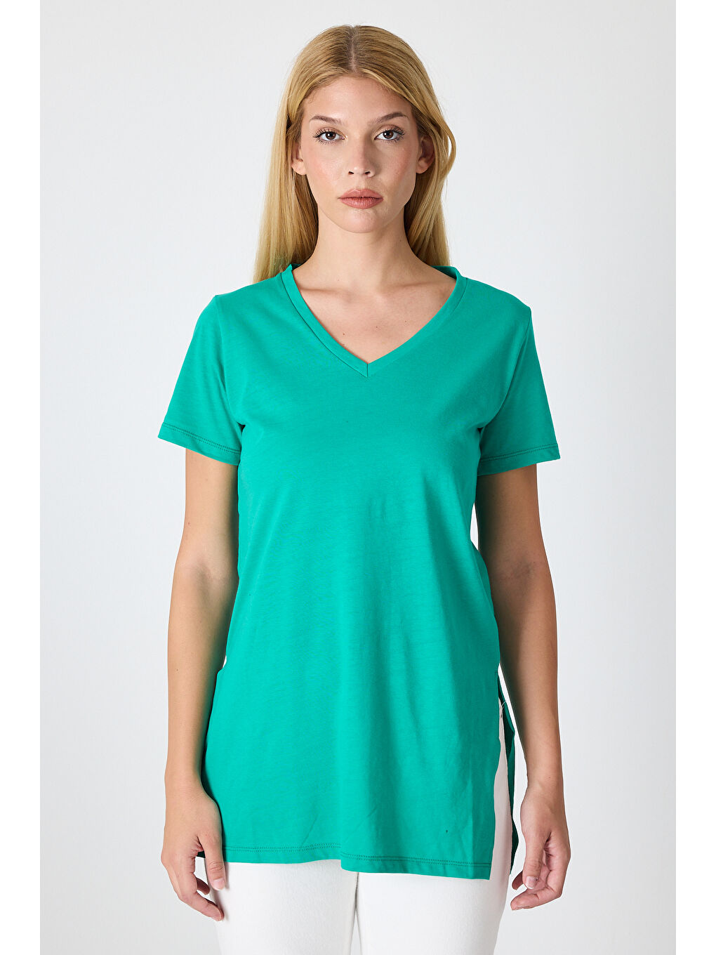 Yeşil Kadın Uzun V Yaka Tunik 2998