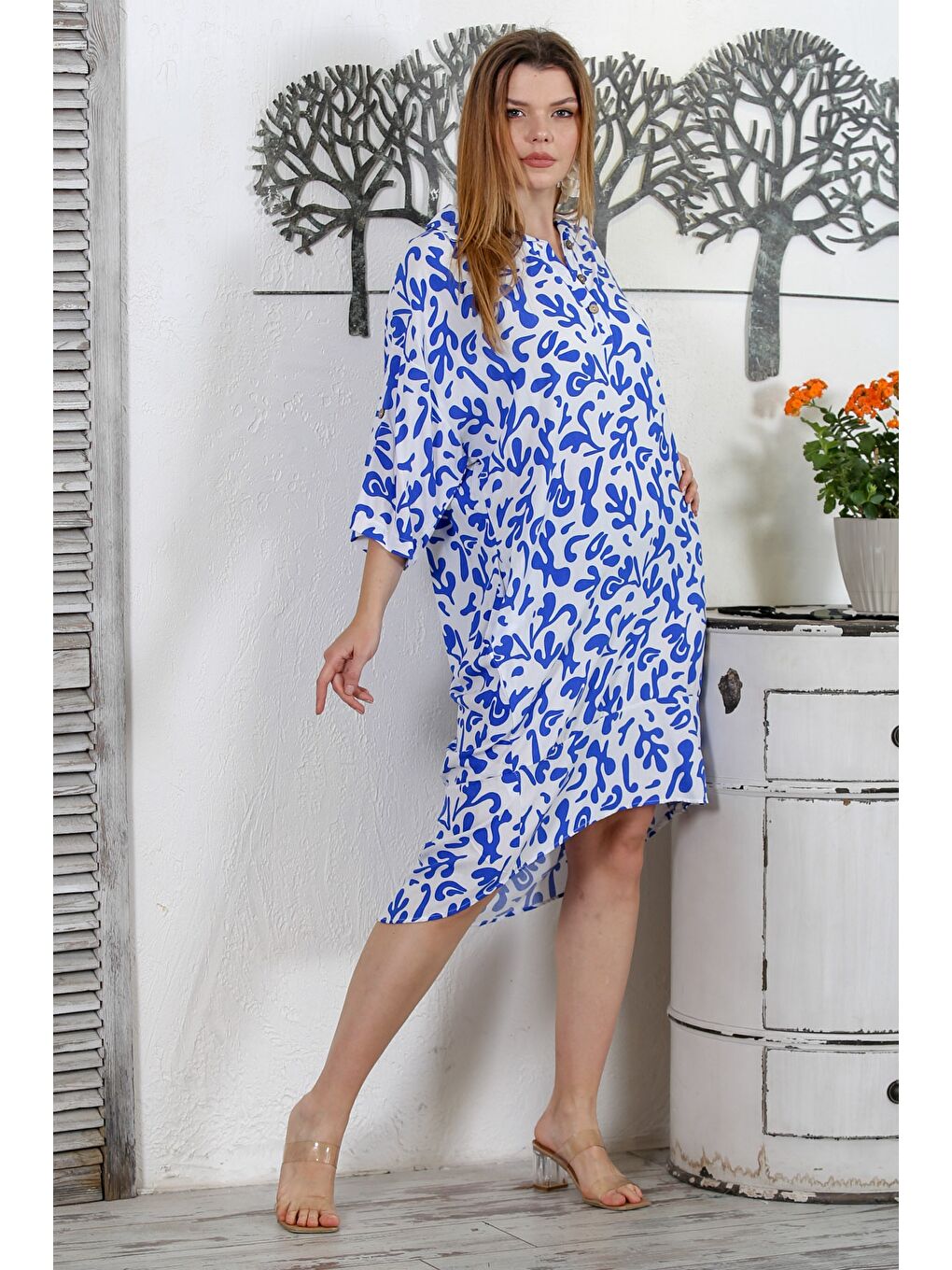 Mavi Gömlek Yaka 3/4 Kol Düğmeli Gizli Cepli Allover Baskılı Dokuma Casual Elbise-4