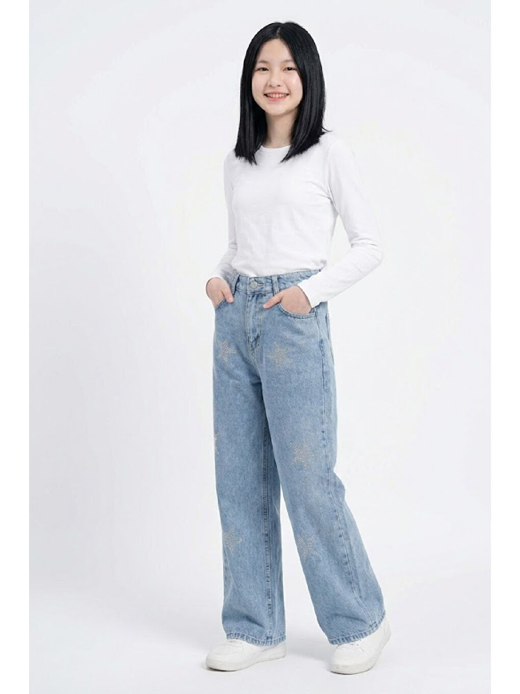 Mavi Kız Çocuk Taş Desenli Yıldız Detaylı-Geniş Paçalı Jean Pantolon 4-15 Yaş 12534-1