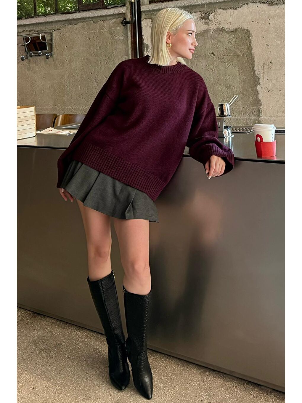 Mürdüm Bisiklet Yaka Oversize Triko Kazak Mg1972-2