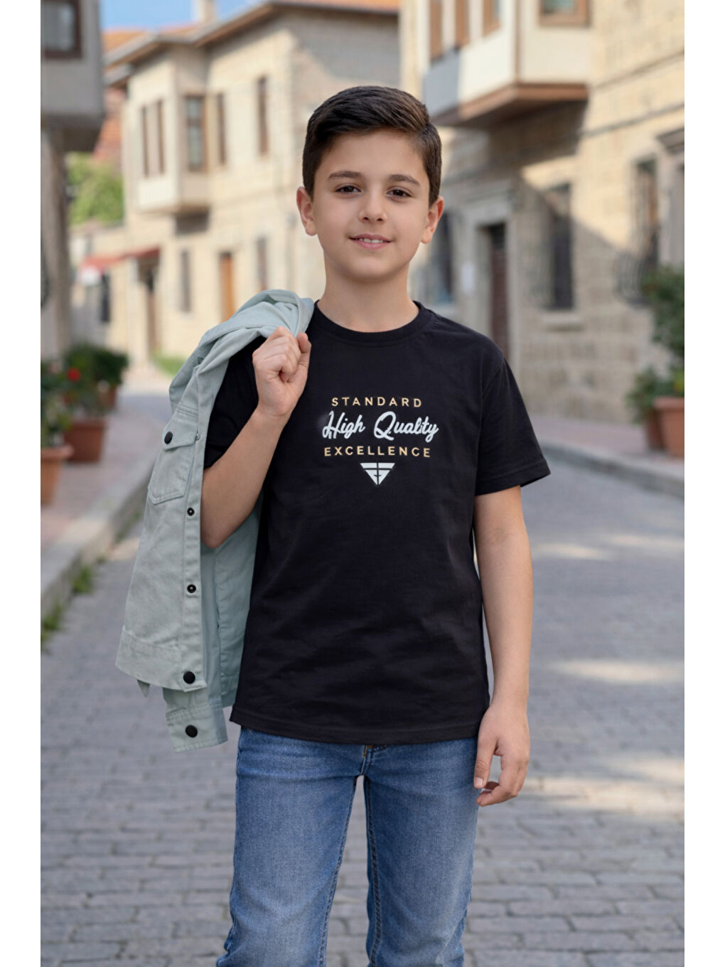 Yeşil Erkek Çocuk Çıtçıtlı Gömlek Tişört Üst Takım-1