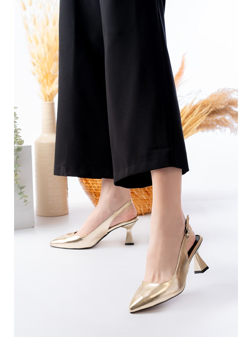 Sarı Kadın Harmony Metalik Gold Topuklu Ayakkabı-1