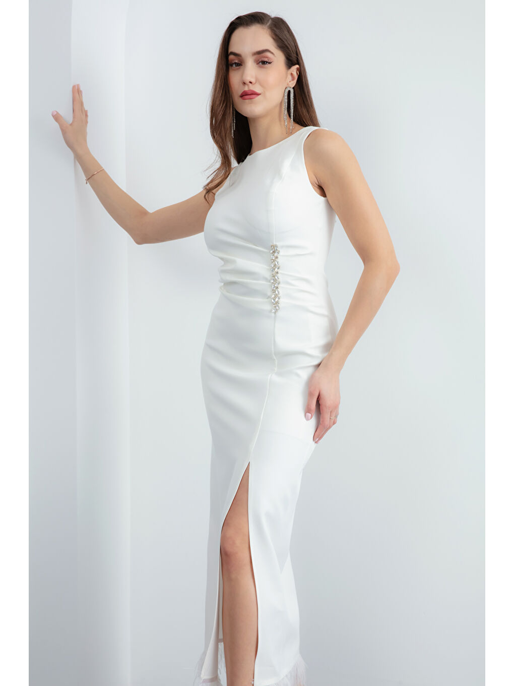 Kadın Beyaz Otrişli Söz Nişan Nikah Abiye Elbise-2