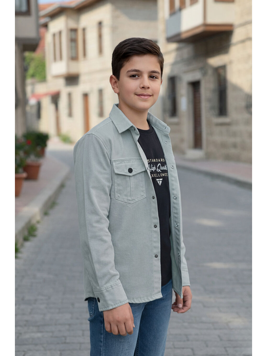 Yeşil Erkek Çocuk Çıtçıtlı Gömlek Tişört Üst Takım-3