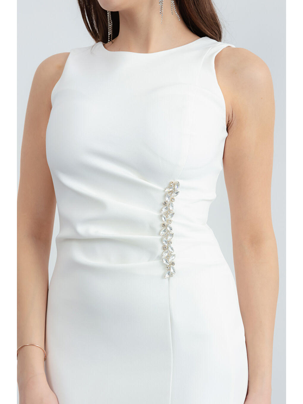 Kadın Beyaz Otrişli Söz Nişan Nikah Abiye Elbise-3