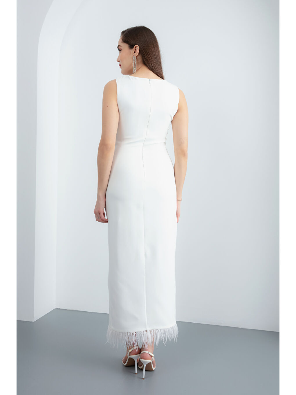 Kadın Beyaz Otrişli Söz Nişan Nikah Abiye Elbise-4