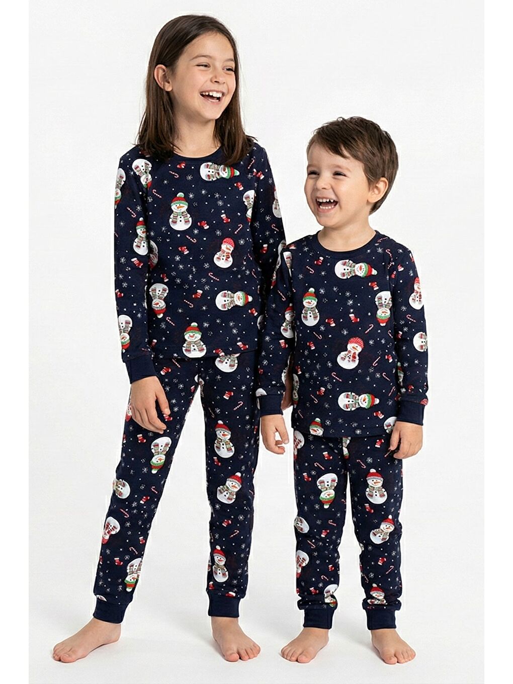 Lacivert Unisex Yılbaşı Kardan Adam Desenli Çocuk Pijama Takımı-1