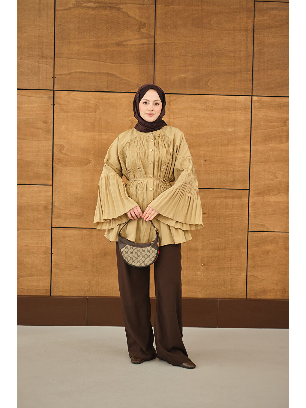 Kadın Martha Düğmeli Belden Bağlamalı Gömlek Yağ Yeşil-1