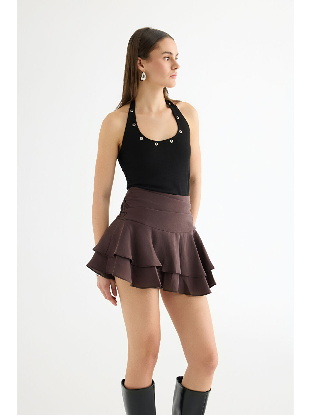 Katlı Volanlı Mini Etek Kahverengi-2