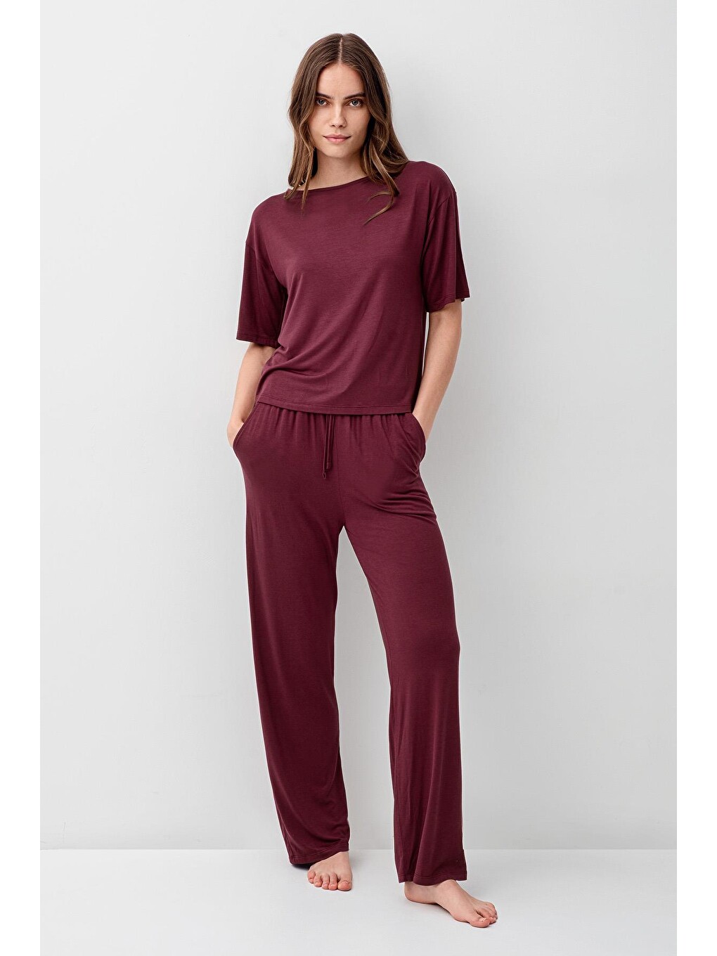 Bordo Kısa Kollu Basic Esnek Elastanlı Viskoz Soft Pijama Takım 18215-1
