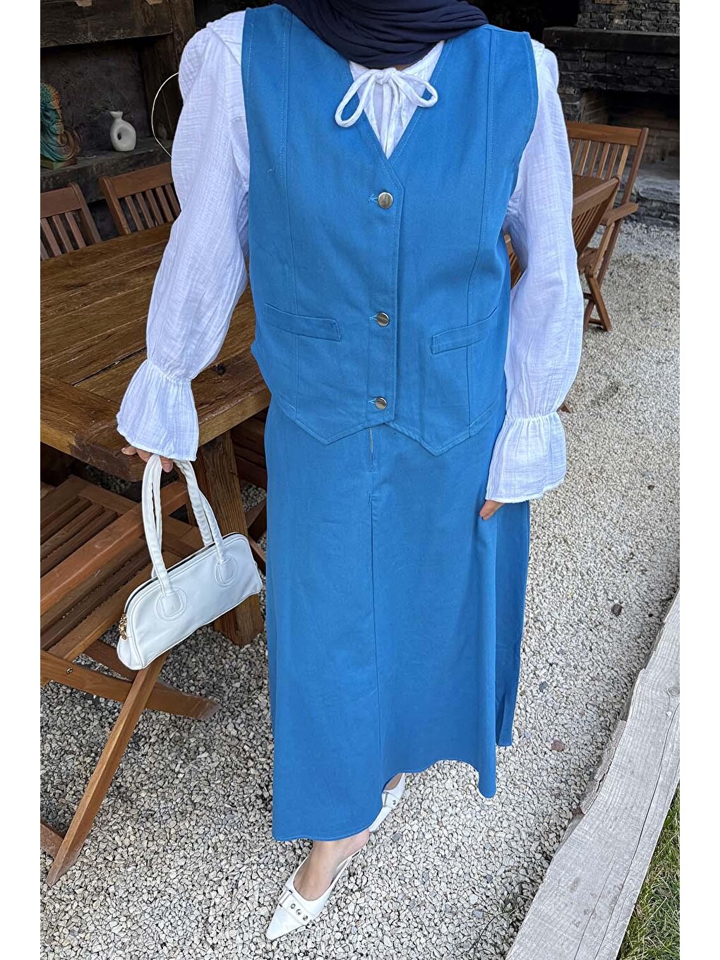 Gabardin Yelek-Etek İkili Tesettür Takım Mavi-2