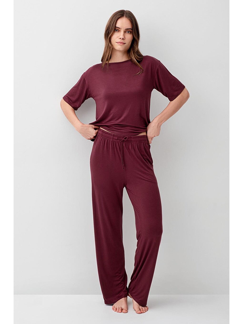 Bordo Kısa Kollu Basic Esnek Elastanlı Viskoz Soft Pijama Takım 18215-2