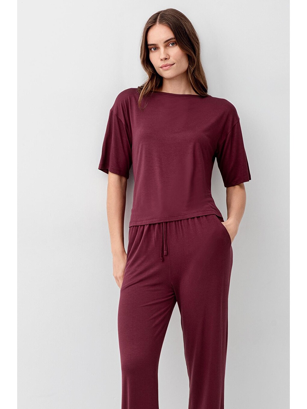 Bordo Kısa Kollu Basic Esnek Elastanlı Viskoz Soft Pijama Takım 18215-3