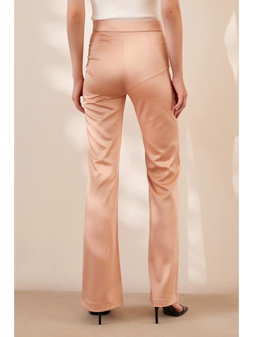 Pembe Asimetrik Yüksek Bel Pantolon Pudra-4