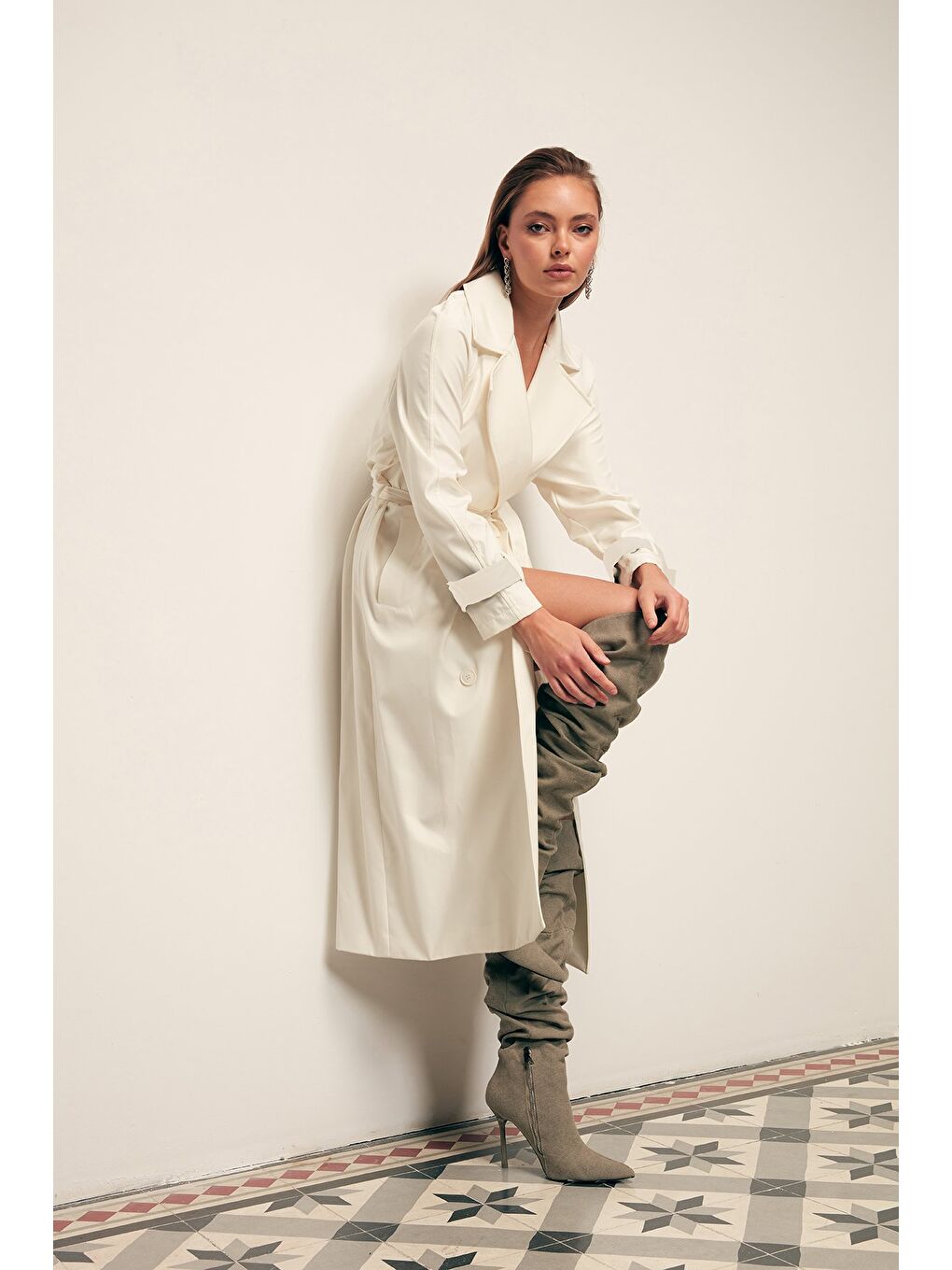 Kuşaklı Uzun Trenç - Ekru
