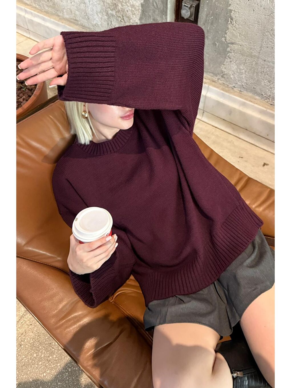 Mürdüm Bisiklet Yaka Oversize Triko Kazak Mg1972-6