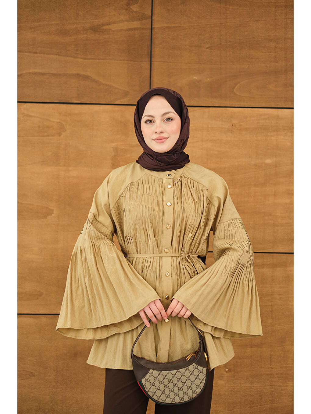 Kadın Martha Düğmeli Belden Bağlamalı Gömlek Yağ Yeşil-2