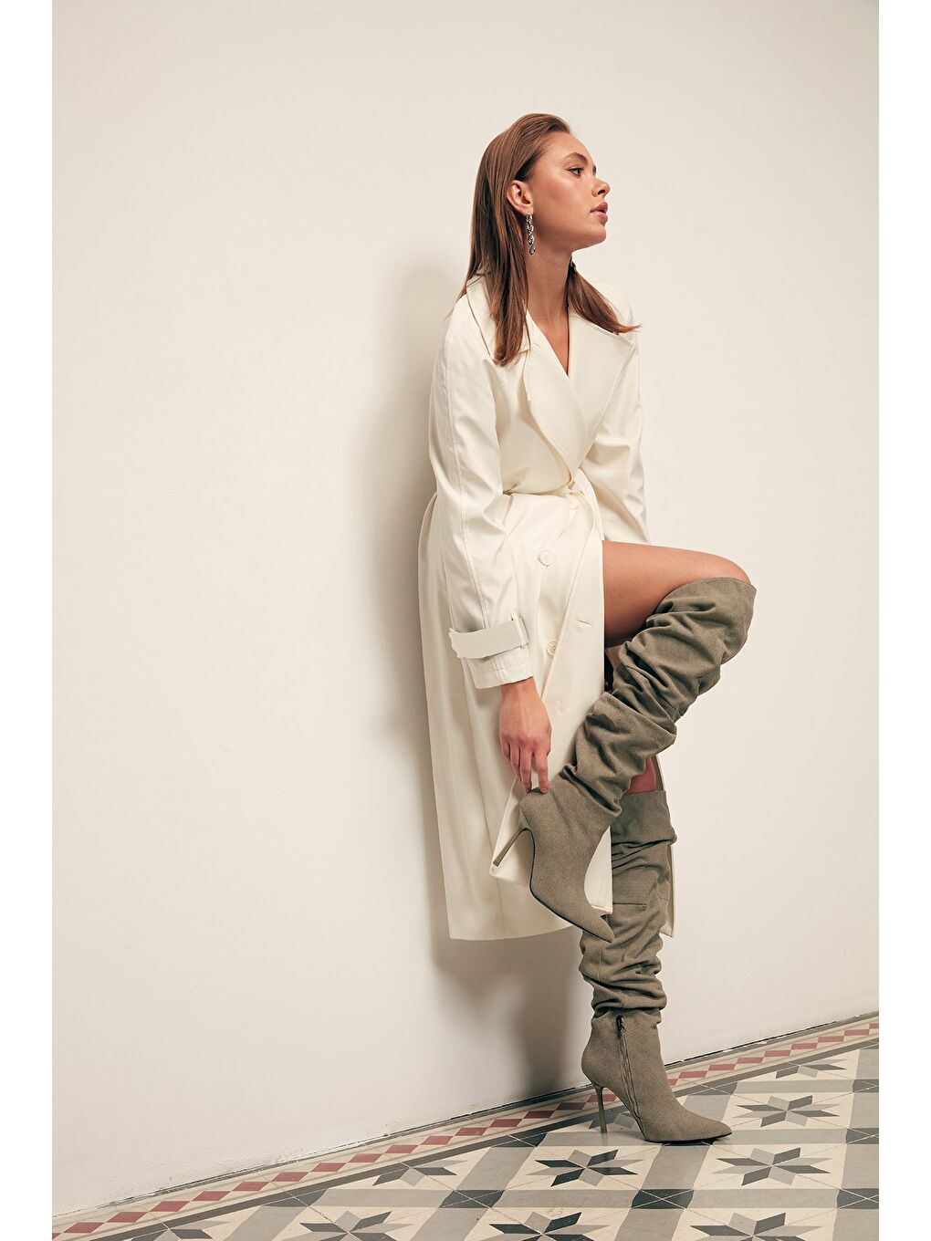 Kuşaklı Uzun Trenç - Ekru-1