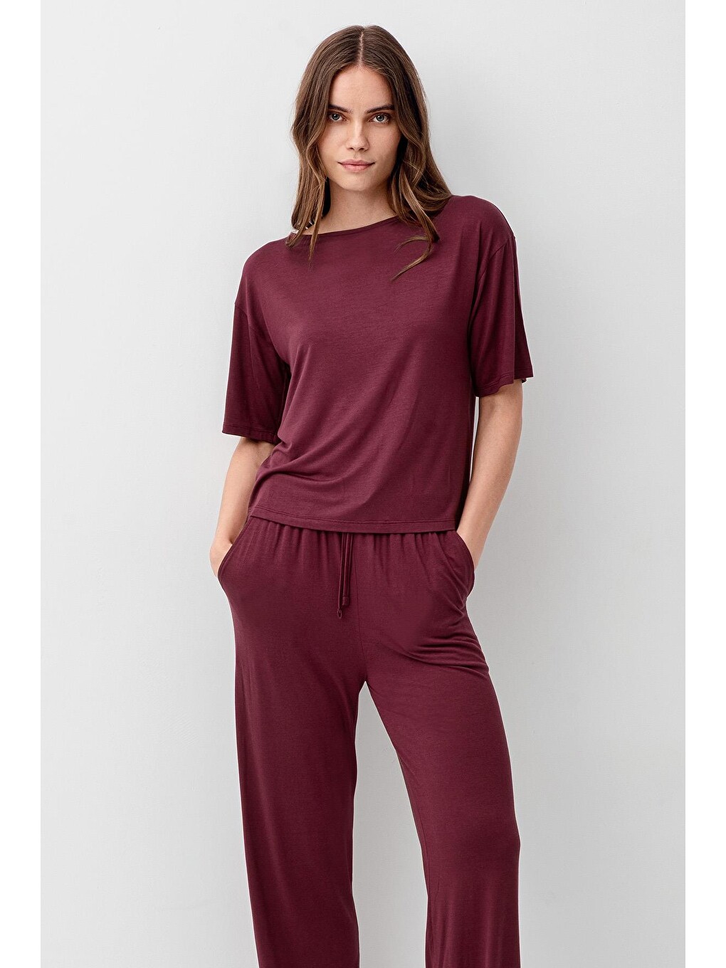 Bordo Kısa Kollu Basic Esnek Elastanlı Viskoz Soft Pijama Takım 18215-4