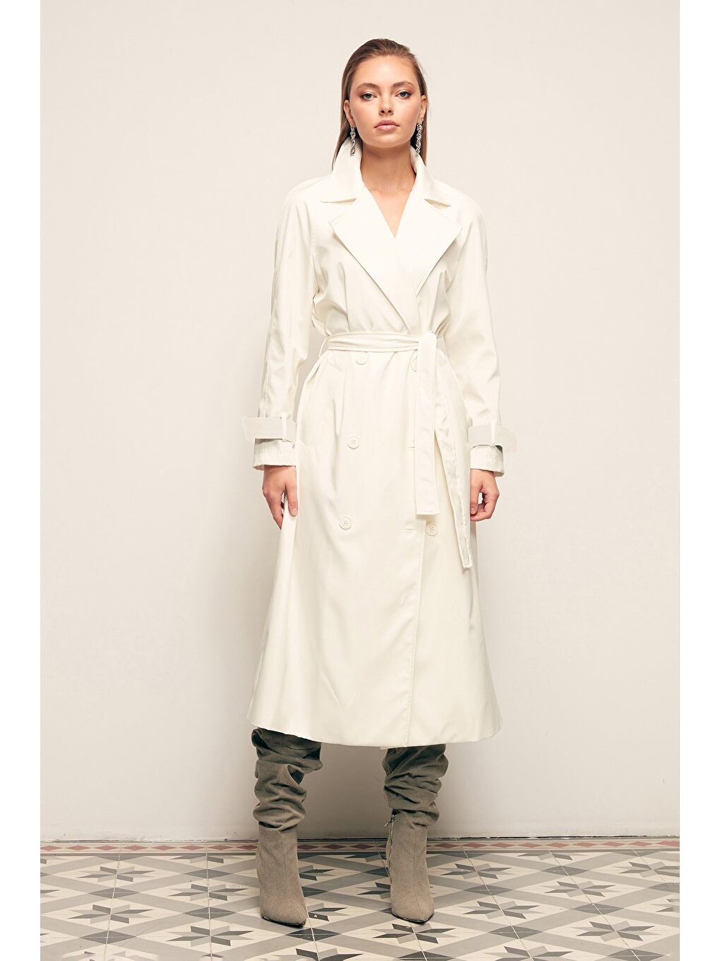 Kuşaklı Uzun Trenç - Ekru-2