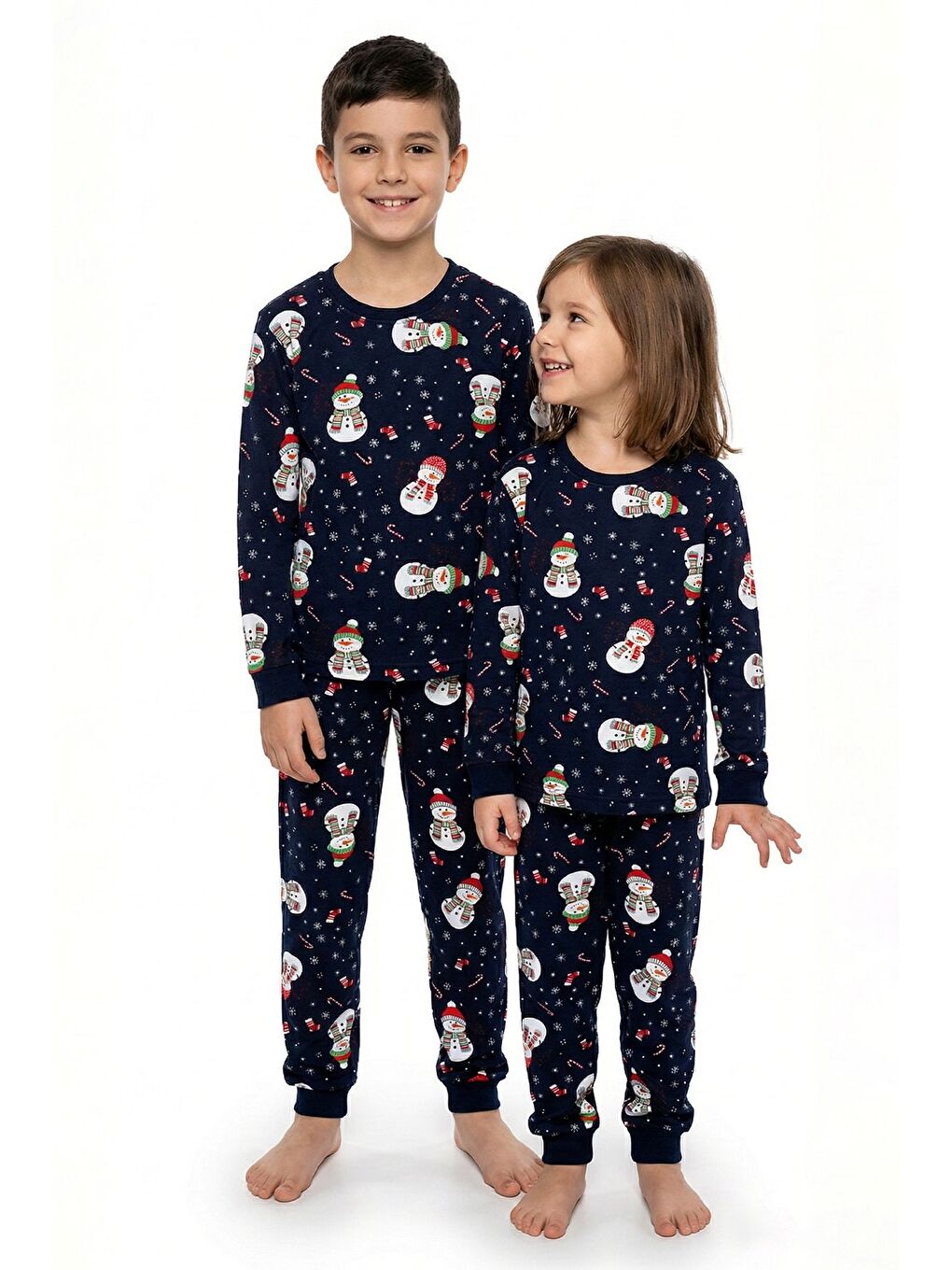 Lacivert Unisex Yılbaşı Kardan Adam Desenli Çocuk Pijama Takımı-2