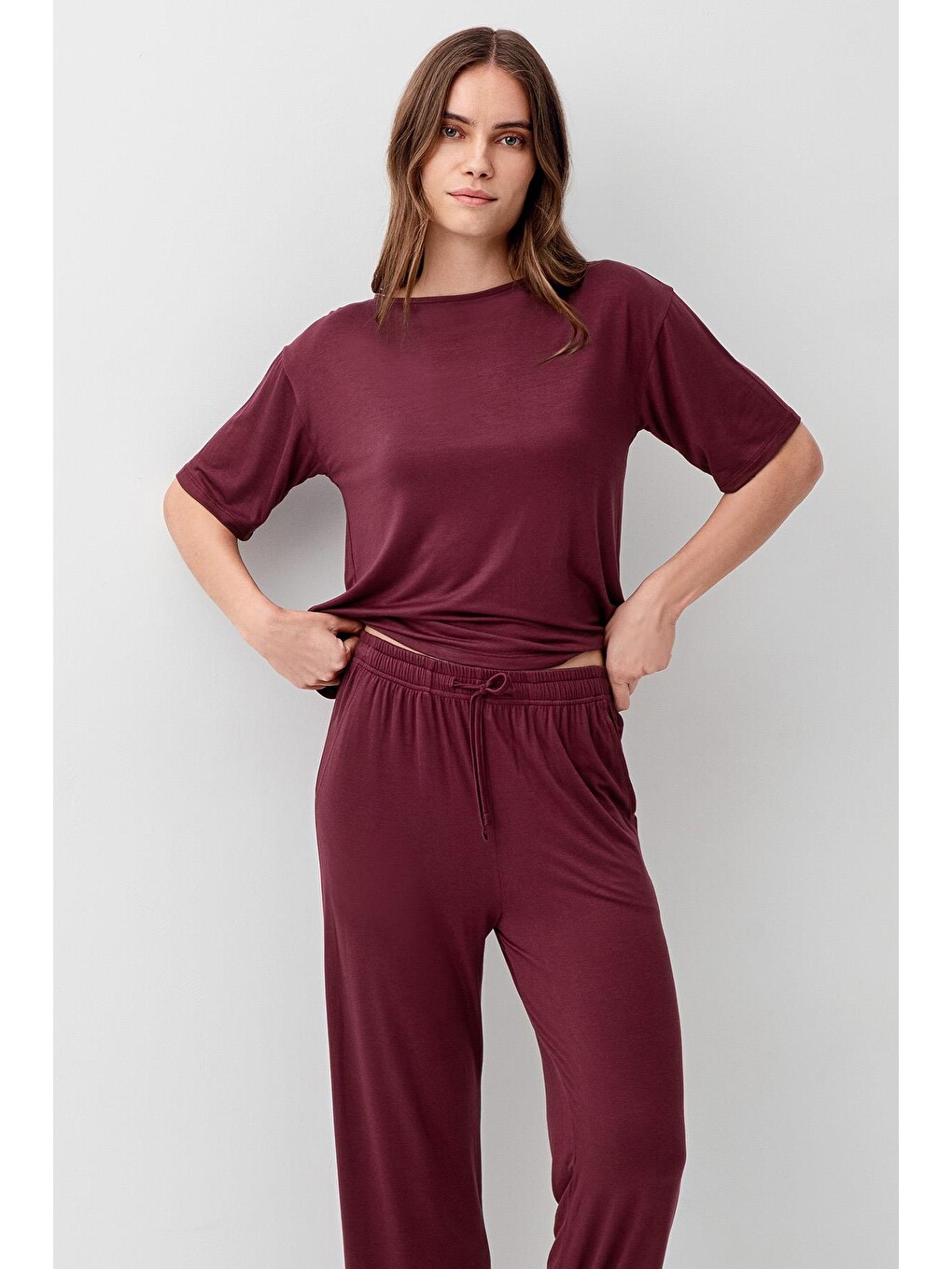 Bordo Kısa Kollu Basic Esnek Elastanlı Viskoz Soft Pijama Takım 18215-5