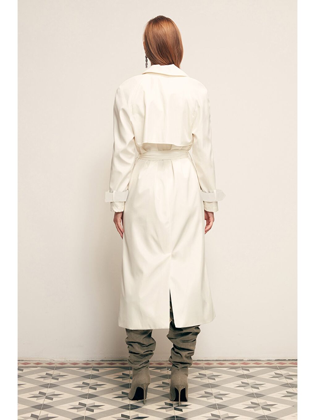 Kuşaklı Uzun Trenç - Ekru-3
